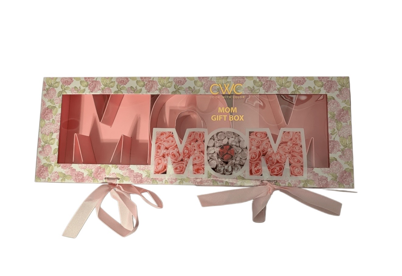 Pink floral MOM gift box with clear window lid and ribbon ties