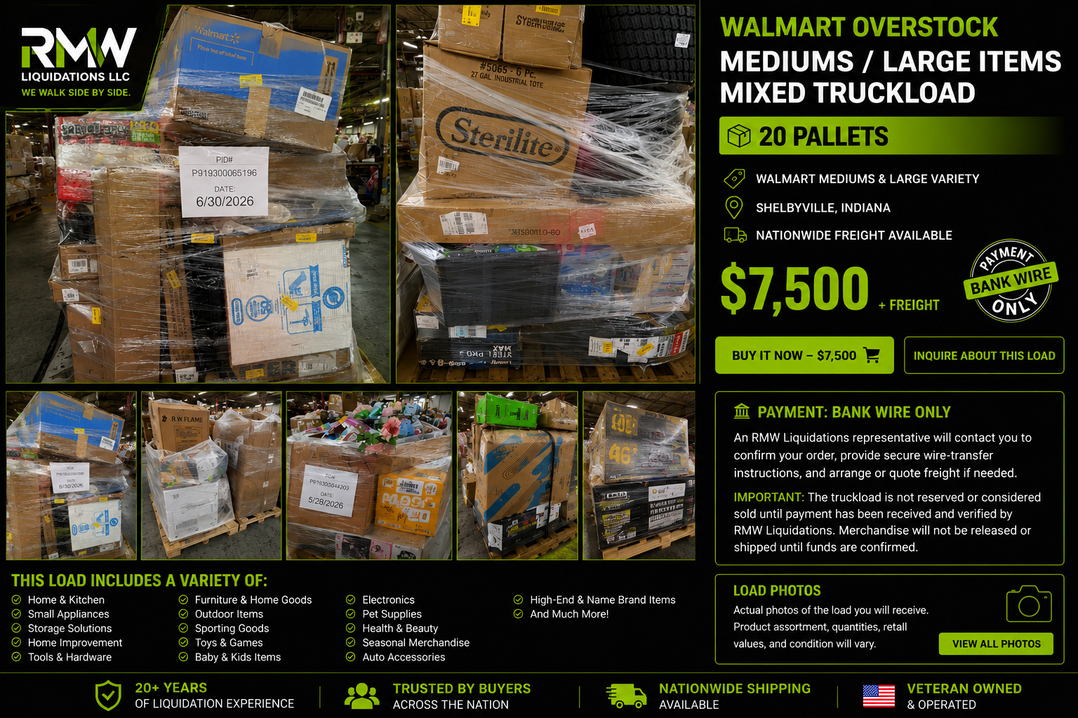 Walmart Mediums / Large Items Mixed Truckload — 20 pallets, $7,500 plus freight