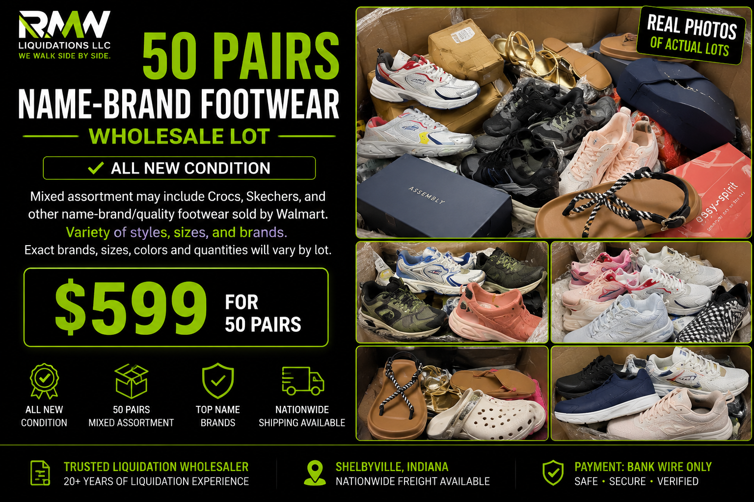 50 Pairs Name-Brand Footwear Wholesale Lot — $599, all new condition