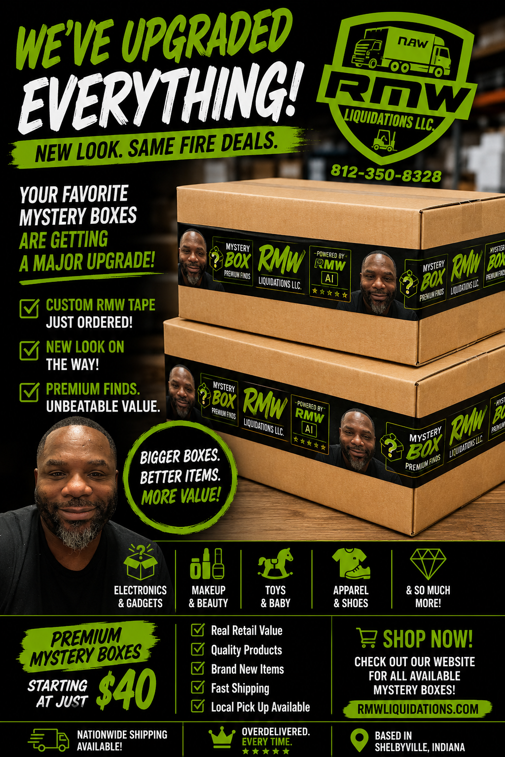 RMW Liquidations mystery box upgrade announcement flyer — premium mystery boxes starting at $40